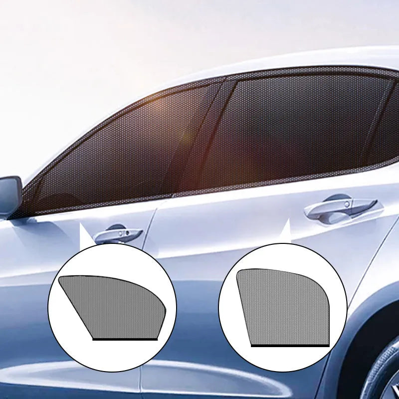 Car side window sunshade mesh installed on vehicle door with elastic strip fixation