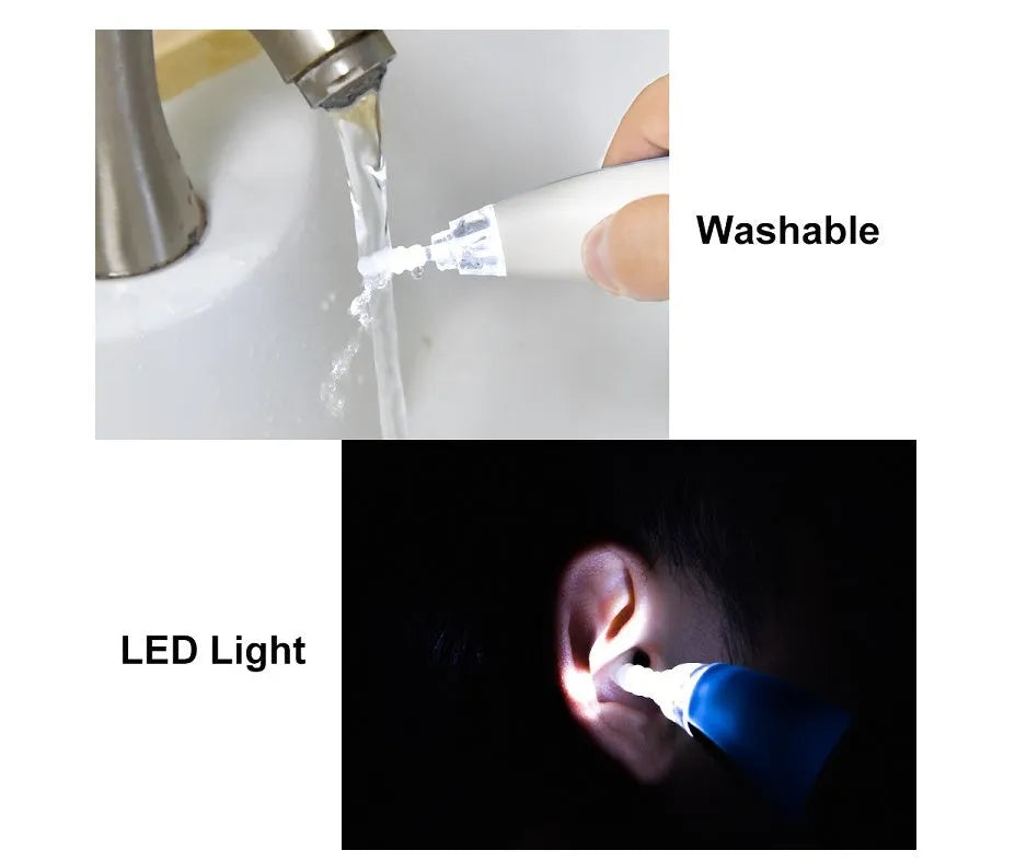 Rotating earwax vacuum cleaner with spiral silicone head, LED light, blue and pink colour options
