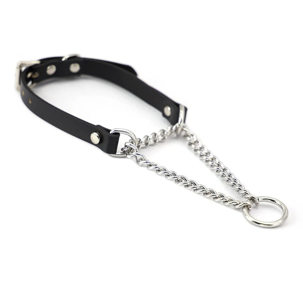 Black leather dog collar and leash set with tightening chain and hand grip rope