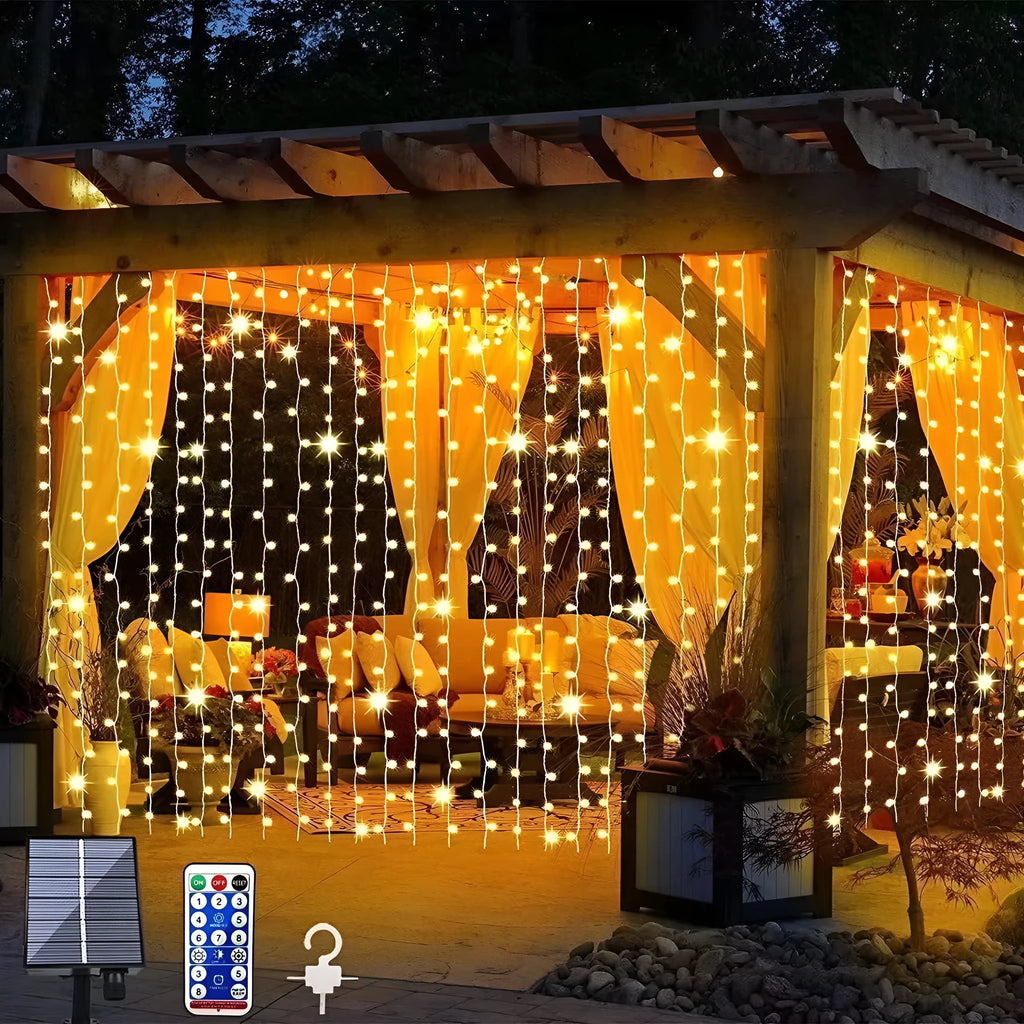 Mains-powered outdoor curtain lighting chain with 300 warm colour lights on copper wire, flower-shaped, for Christmas decoration