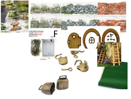 Forest Moss Series DIY decorative sticker set with PEt tape rolls, artificial moss pieces, wooden decorations, and small metal ornaments on a white background