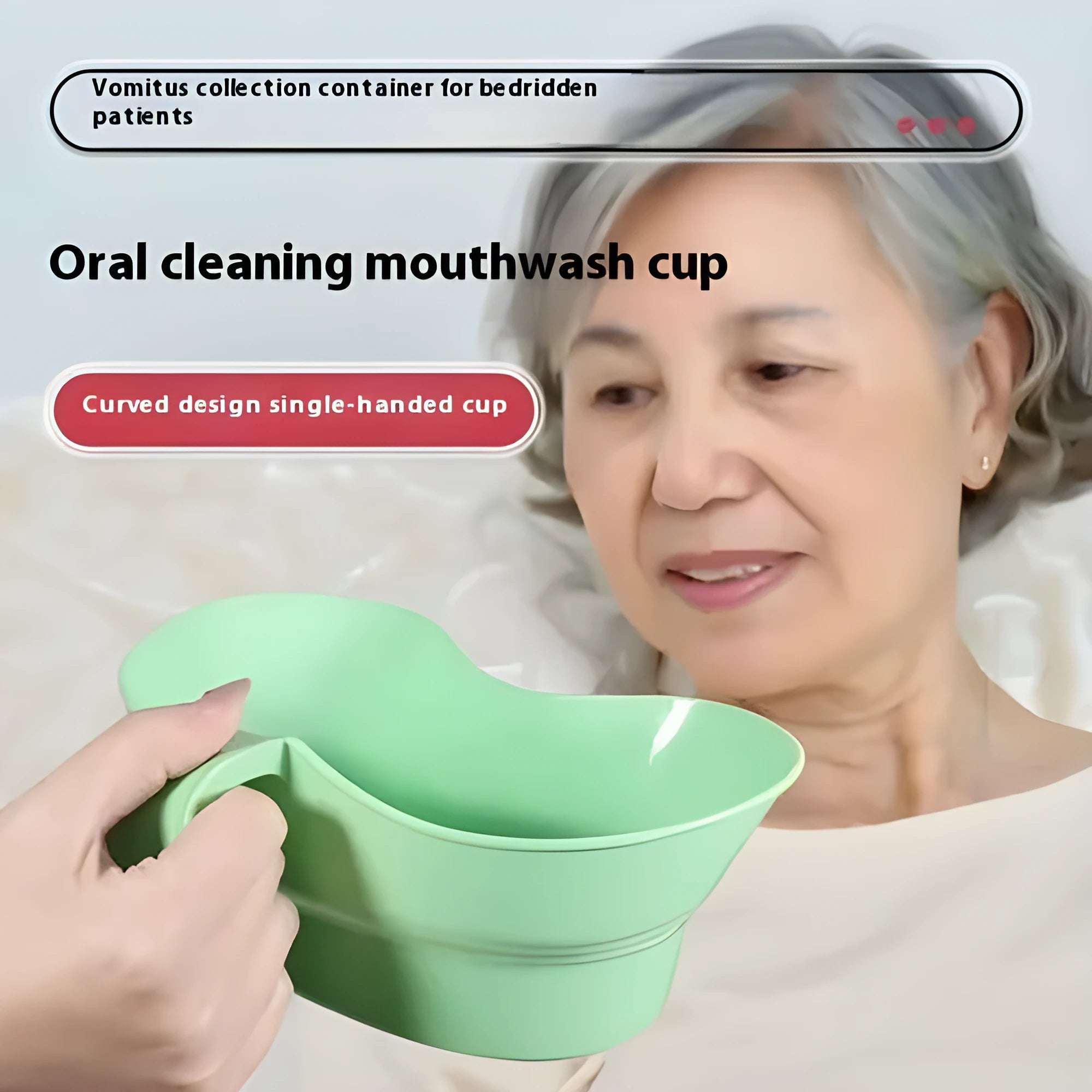 Green plastic bedridden patient gargle cup for nursing care and oral hygiene.