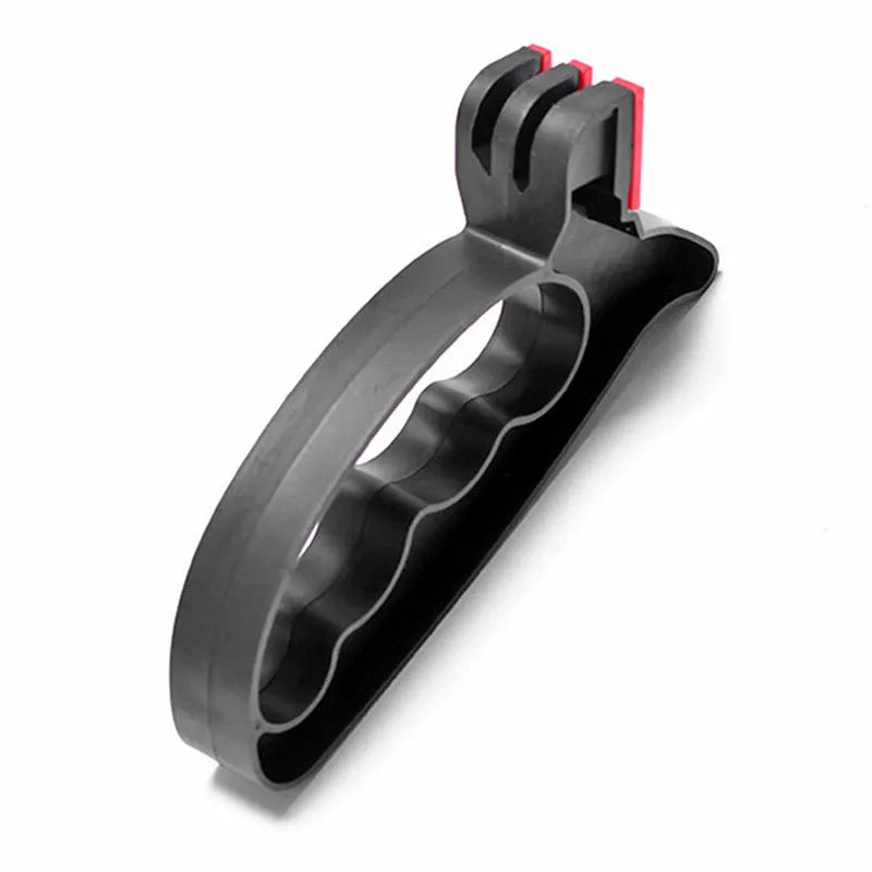 Black handheld knife and scissor sharpener with tungsten steel blade on white background