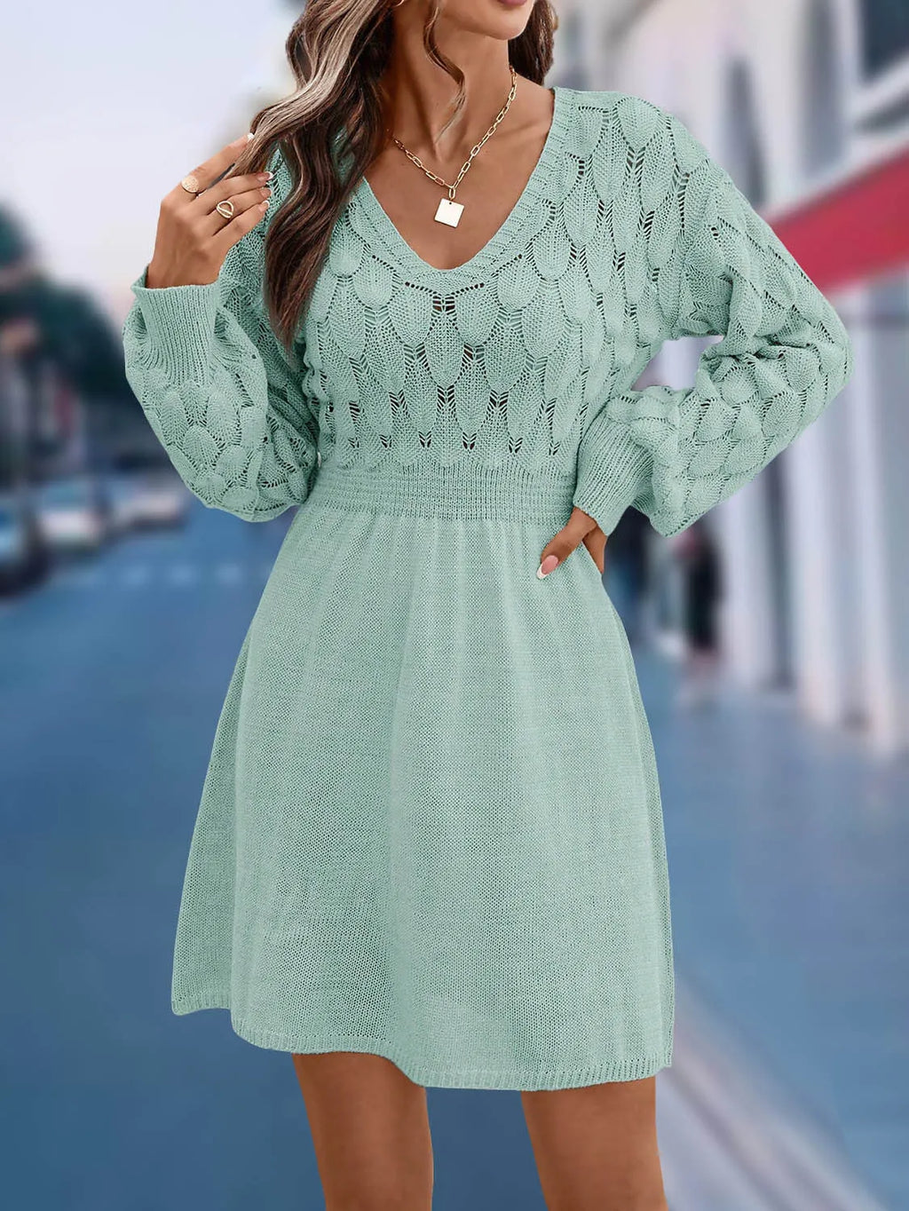 Artistic retro V-neck long sleeve dress in apricot with a high waist and 3D pattern.