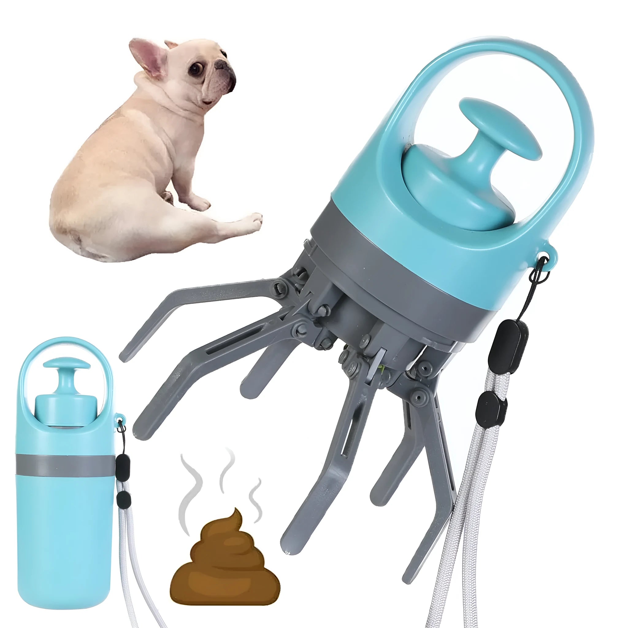 Blue portable dog poop scooper with built-in bag dispenser and eight-claw shovel mechanism