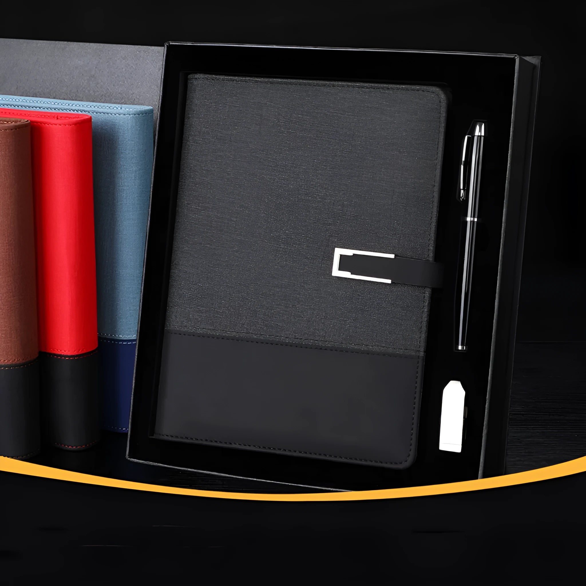 A5 business notebook with PU leather cover in brown colour showing wood-free paper pages