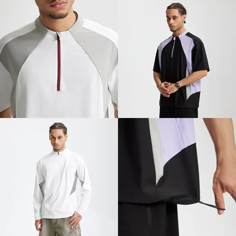 Men's solid colour polyester top with stitching detail in black and beige with long and short sleeve options