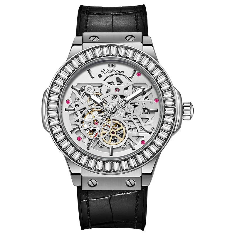 Men's automatic skeleton watch with diamond accents on dial, stainless steel case, leather strap.