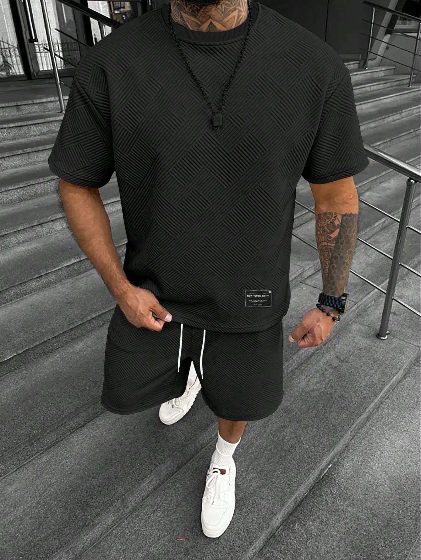 Men's short sleeve top and matching shorts with 3D digital printed pattern in a polyester blend fabric