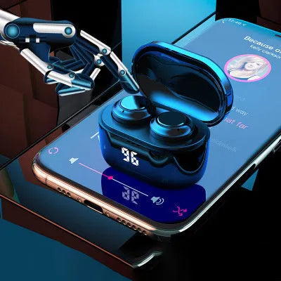 Black stereo Bluetooth headset showing earplug design.