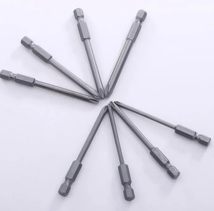 Set of eight long 75mm magnetic Phillips head screwdriver bits with red sleeves on a white background.