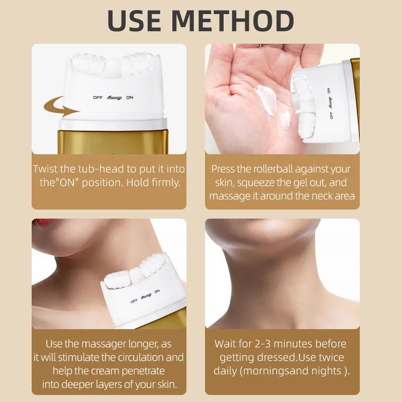 Neck moisturising cream with roller applicator for dry skin treatment in medium sample size packaging
