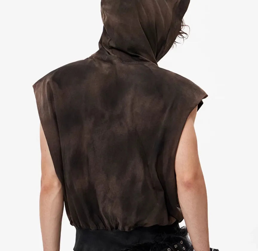 Khaki coloured cotton short sleeve hooded vest on hanger
