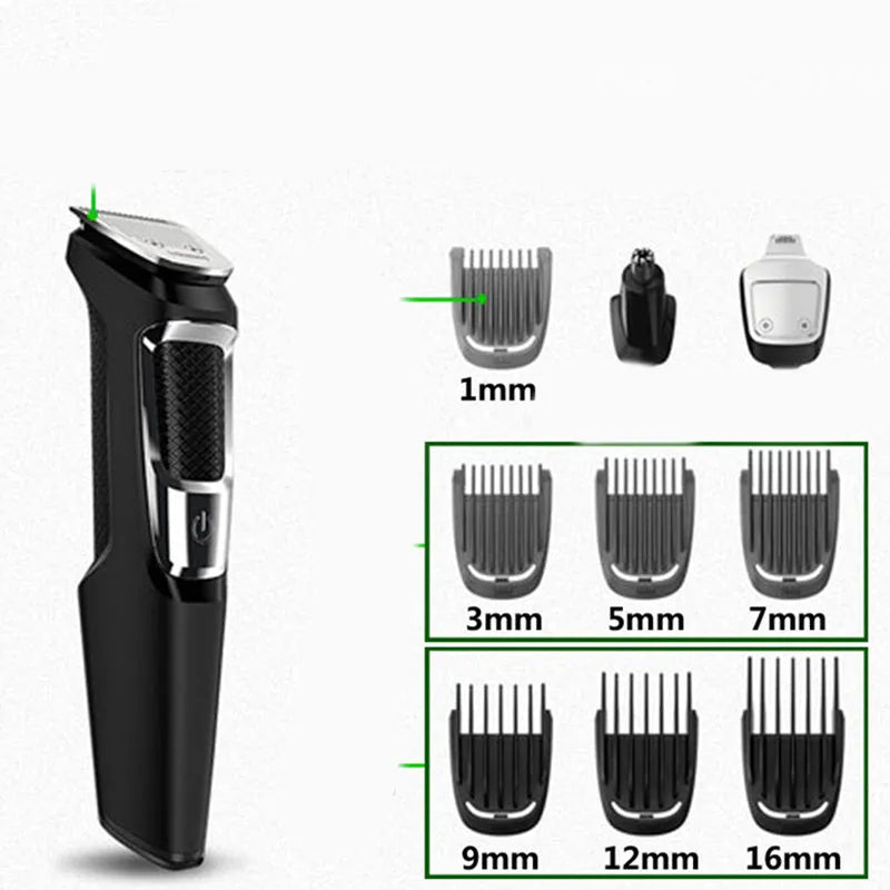 Rechargeable nose and beard hair clippers with a cleaning brush on a white background.