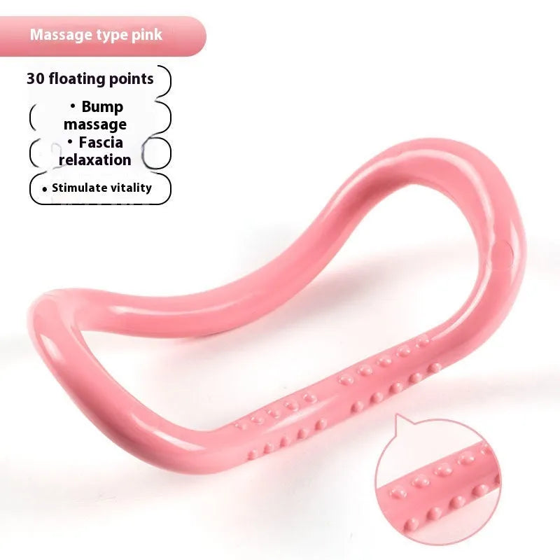 Yoga four piece set showing leg stretcher, yoga ring, pedal chest expander and figure eight tension rope.