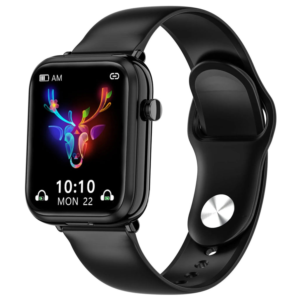 Black smartwatch with touchscreen paired with wireless earbuds on a charging cable.