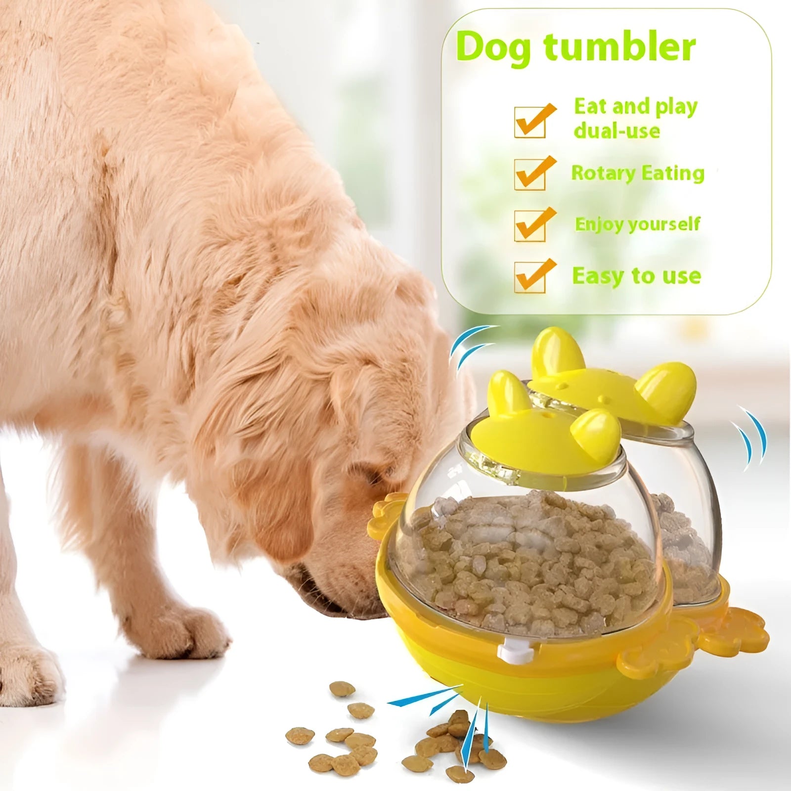 Yellow TPR tumbler pet feeder toy for dogs with food-dispensing design