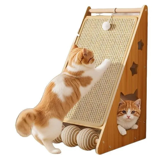Vertical wall-mounted cat scratch board with sisal surface and hemp rope teasing ball