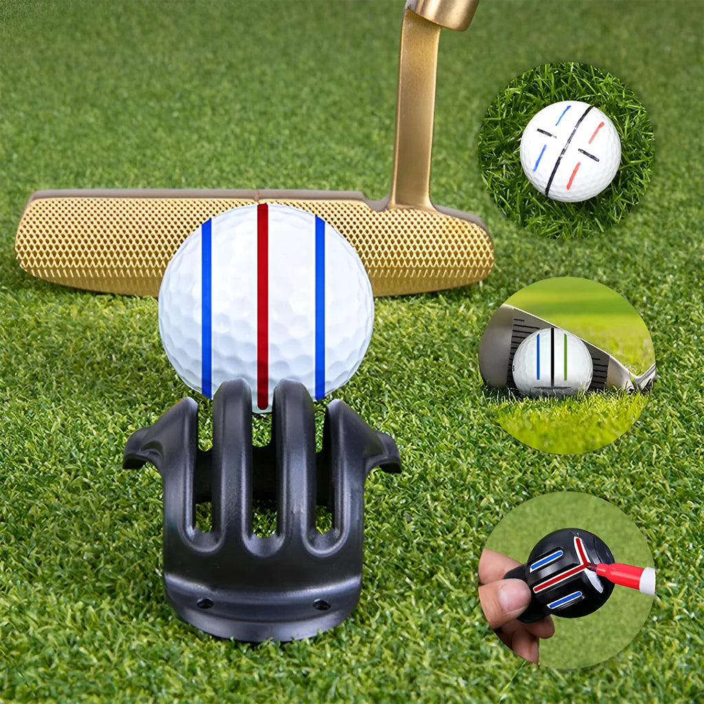 Golf scriber putter alignment tool set with plastic scribers and drawing pens on a practice green.