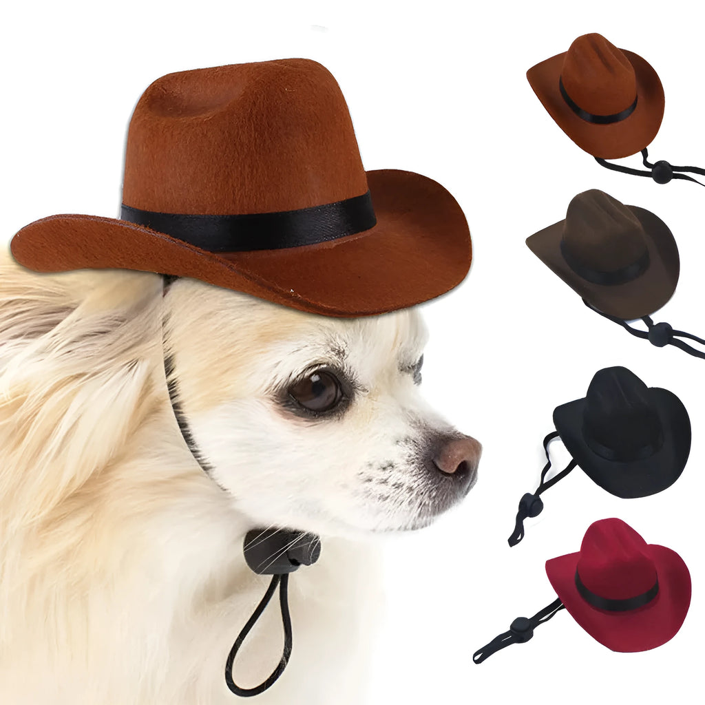 Adjustable pet cowboy hat headgear shown in four colours with size measurements for dog and cat costume use
