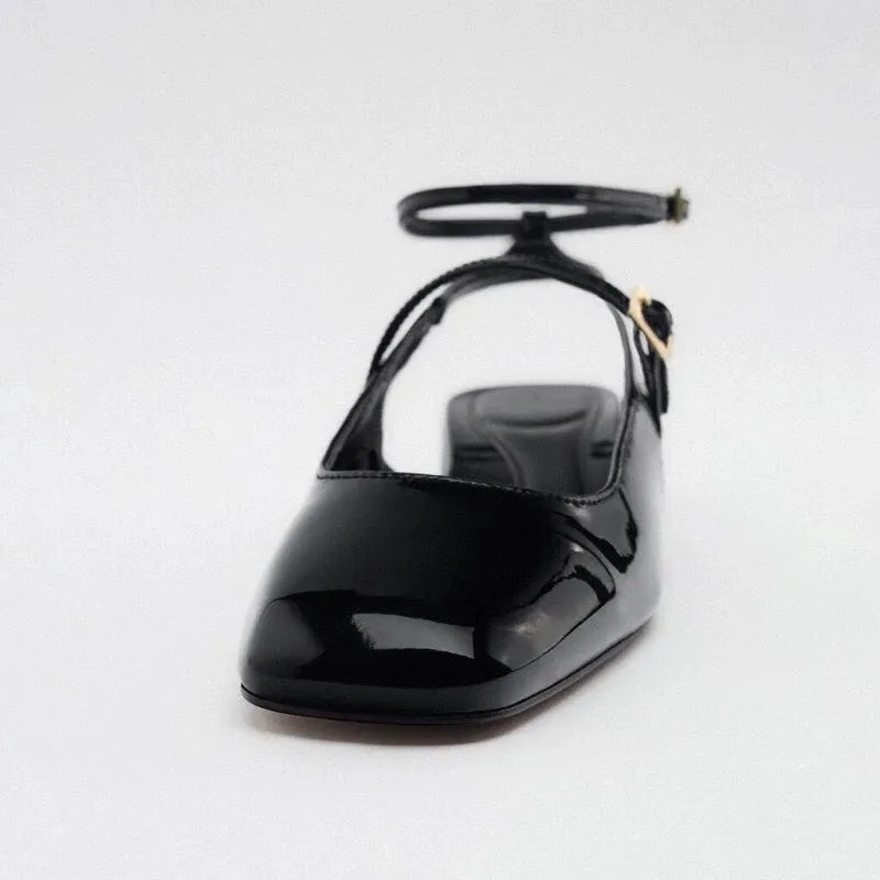 Women's black patent leather block heel square toe open back sandals with 4CM heel