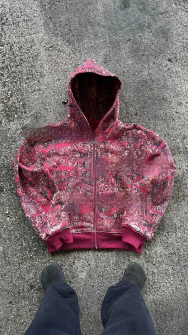 Men's red polyester hooded zip coat with loose fit and digital printing detail