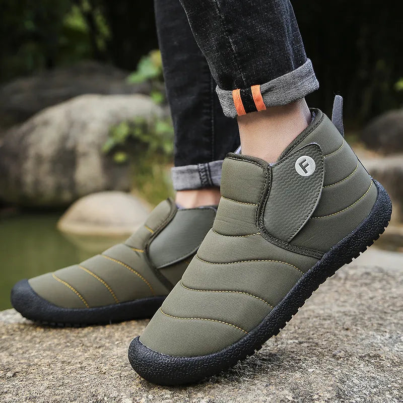 Men's waterproof cotton snow boots with non-slip rubber sole and plush lining in black, blue, green, or yellow