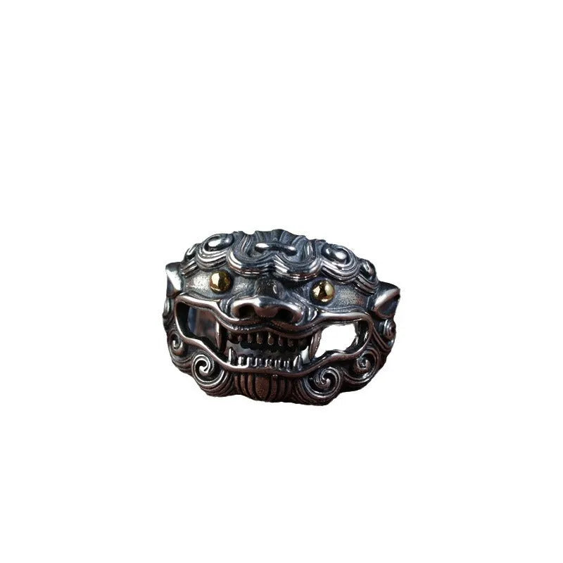Silver open ring with Jibeast pattern detailing and retro styling