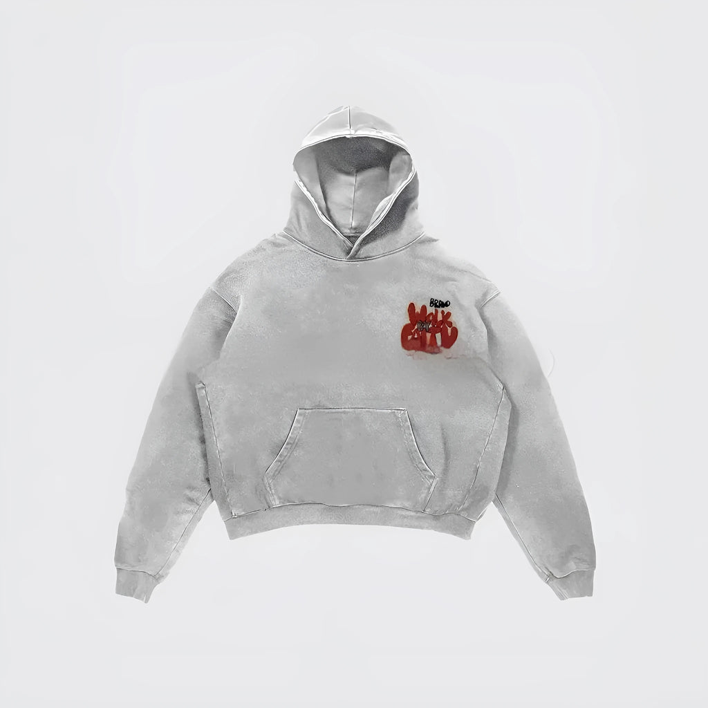 Granny Grey women's hoodie with vintage-style letter print on the front.