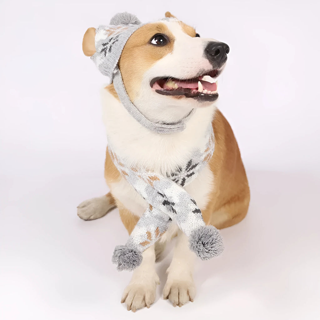 Japanese-style retro jacquard pet sweater, scarf and hat set in grey or pink colours for small dogs and cats
