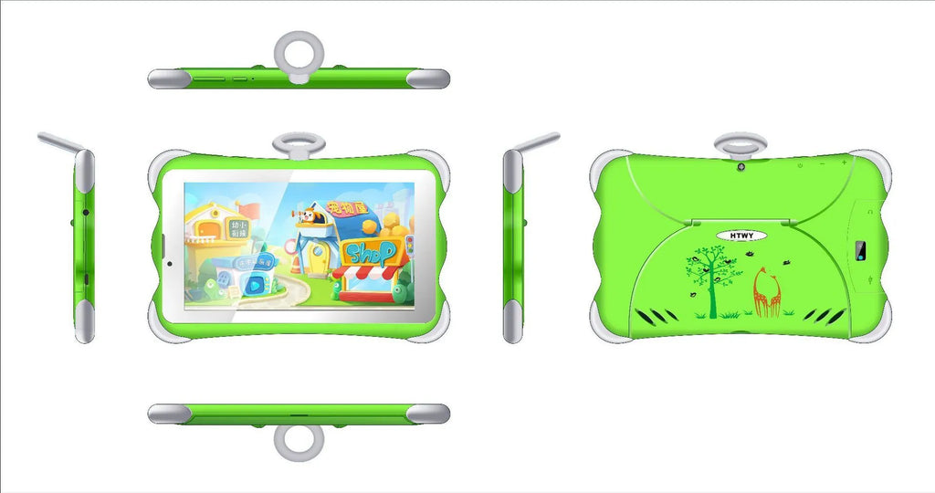 Cartoon green children's 7-inch learning tablet displayed on its included stand