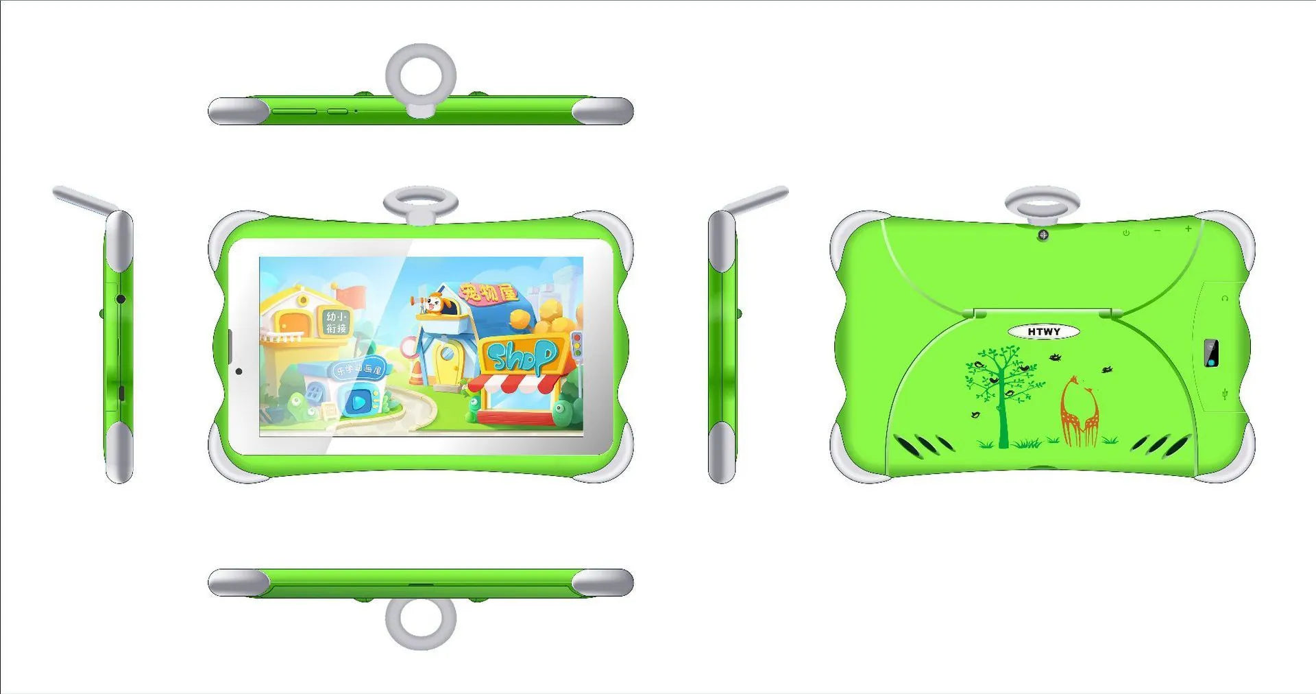 Cartoon green children's 7-inch learning tablet displayed on its included stand