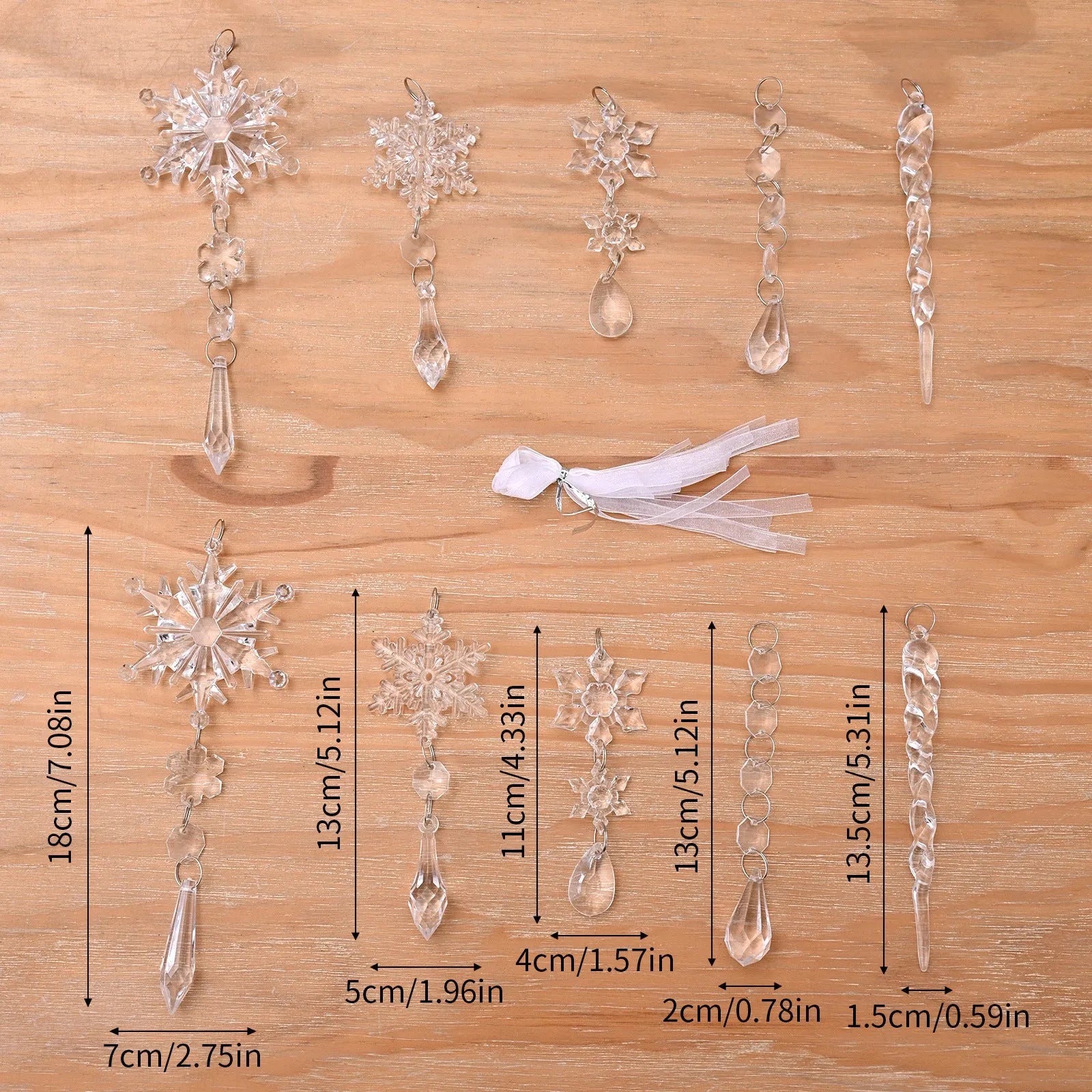 10 clear acrylic Christmas tree hanging ornaments with ribbons for indoor outdoor decoration