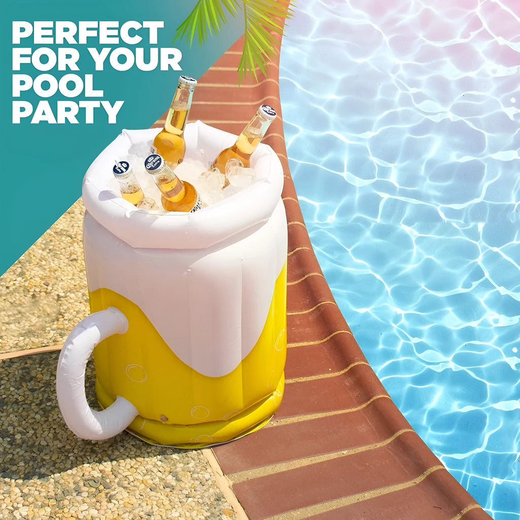 Large yellow inflatable beer mug cooler floating in a pool, showing its 44cm height and drink holders.