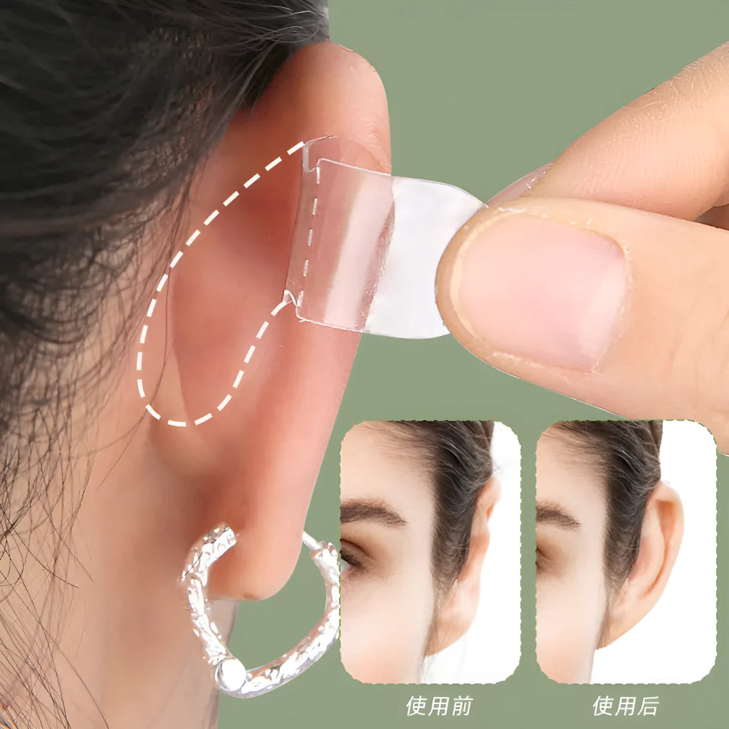 Close-up of transparent and frosted TPU ear patches on backing paper, showing 0.1cm thickness.