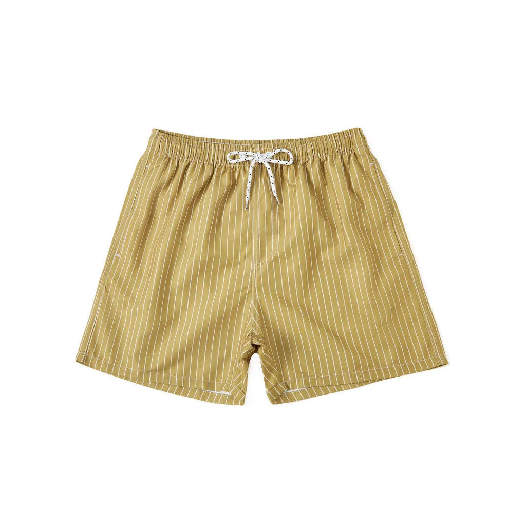 Men's navy blue and grey striped beach shorts with straight legs and built-in lining, laid flat.