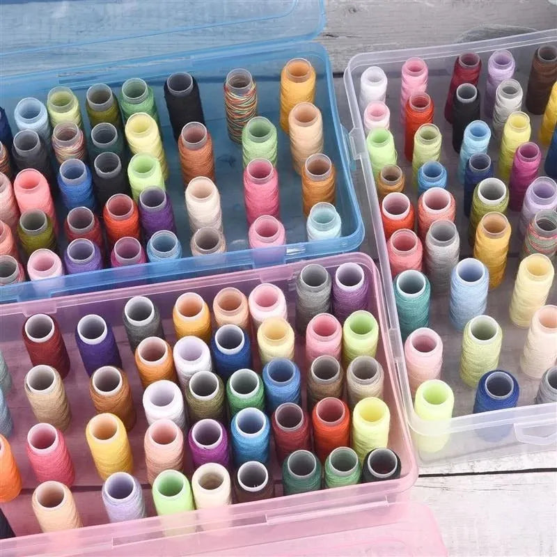 Transparent plastic box with 42 compartments for organising embroidery threads and sewing accessories.