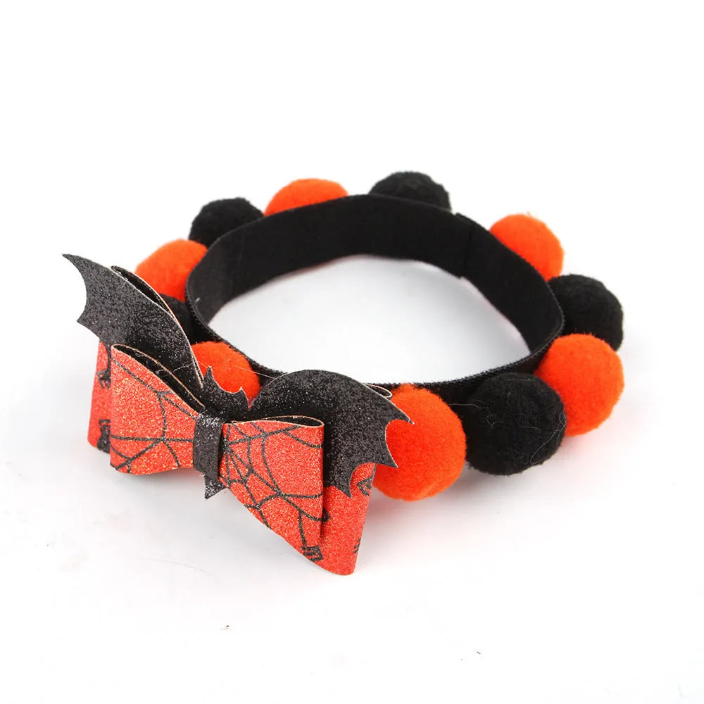Halloween pet collar with fur ball decoration in pumpkin, pirate, bow, skull and witch designs