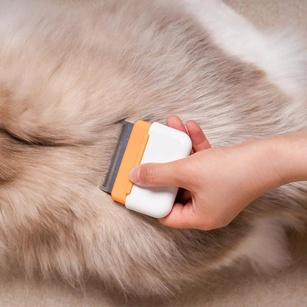 Blue double-sided pet grooming comb for deshedding and massage, shown next to a cat.