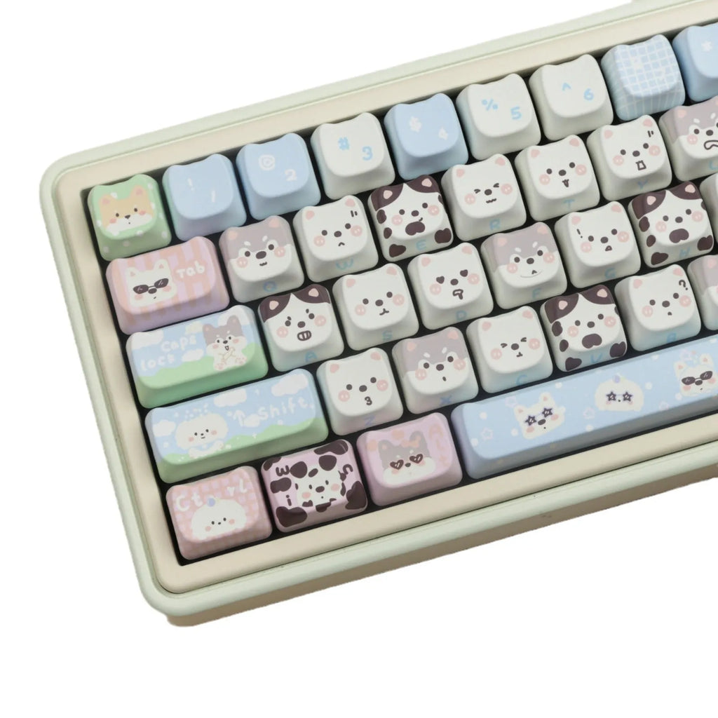 PBT sublimation full set key caps showing cat and puppy animal designs for mechanical keyboards