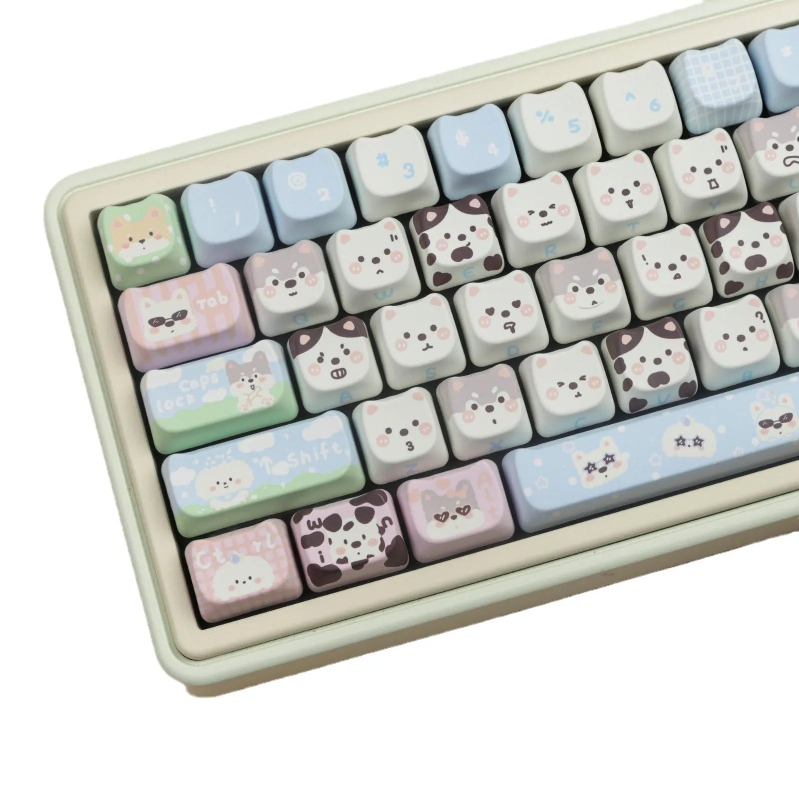 PBT sublimation full set key caps showing cat and puppy animal designs for mechanical keyboards