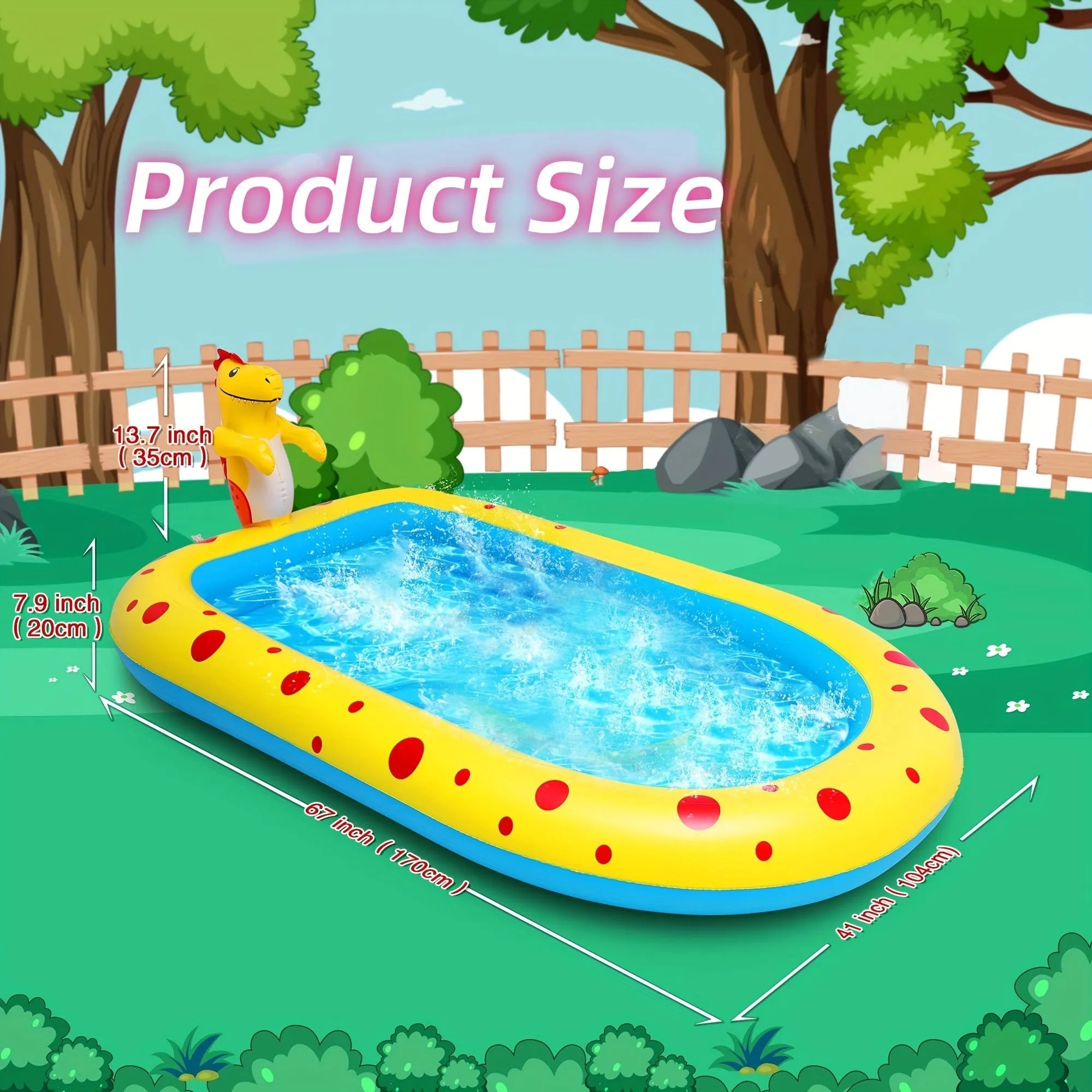 Blue dinosaur and shark water play pool for children in a garden setting
