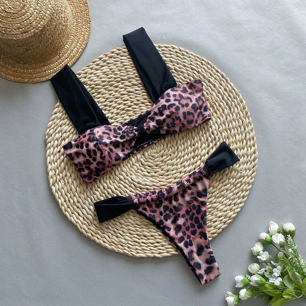 Women's leopard print and black bikini set with tube top and split-style briefs