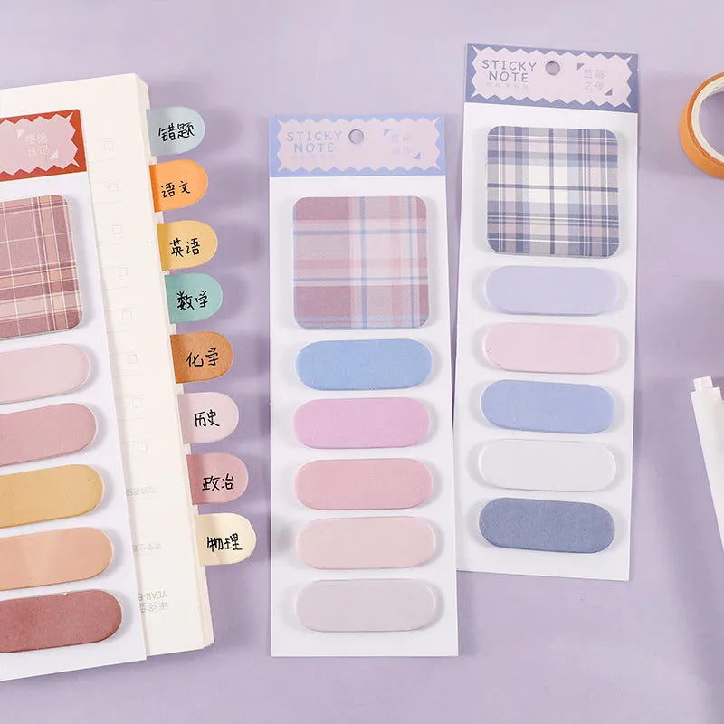 Set of six colourful plaid design memo pads with sticky notes, showing the 67mm by 200mm size.