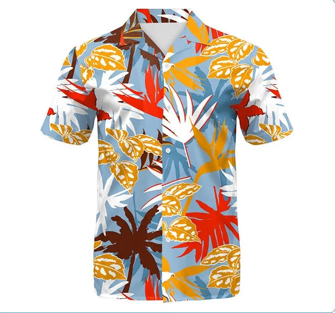 Men's beach digital printed shorts and shirt set with inner mesh lining, cotton blend fabric, short sleeves, two colour options