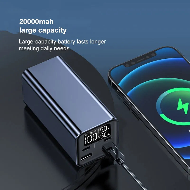 Black high-power 65W metal charging bank with 20000mAh capacity for laptop fast charging.