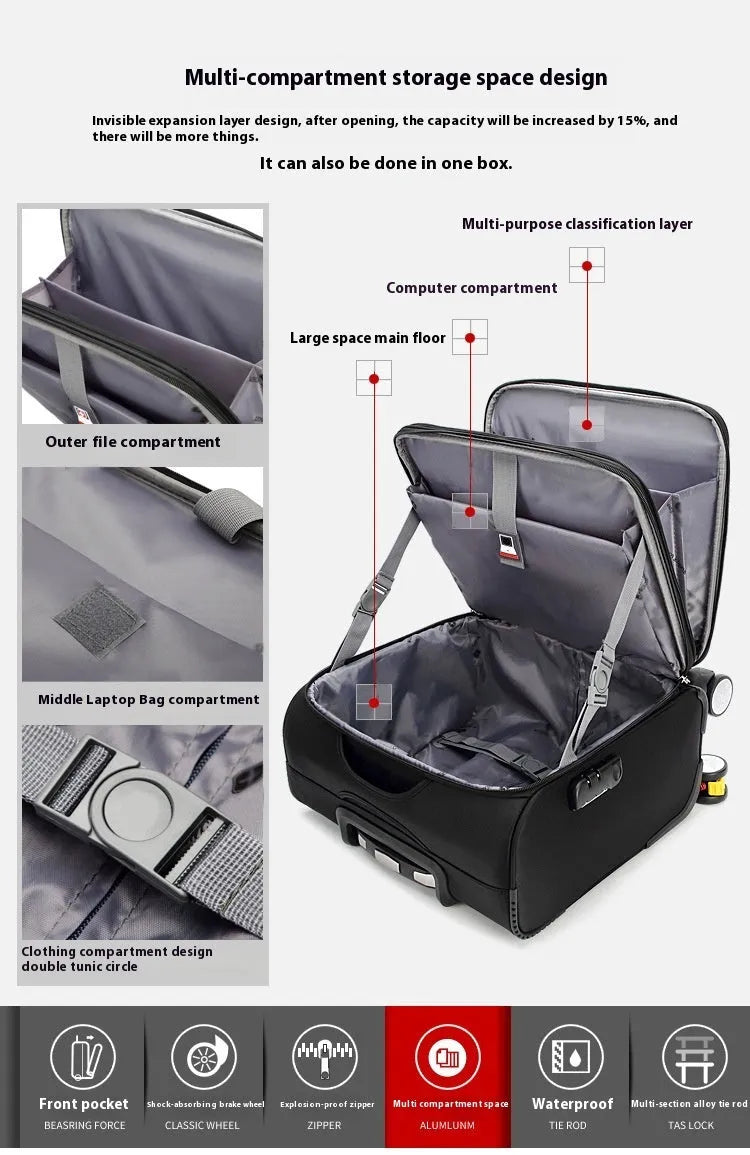 Black 18-inch oxford cloth business luggage suitcase with a retractable handle and wheels.