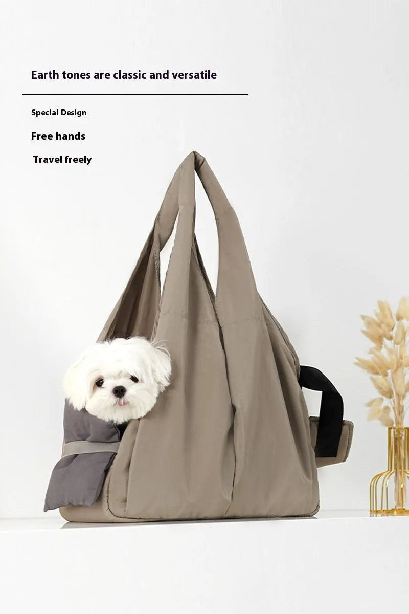 Apricot cloth pet carrier bag measuring 41x16x28cm with handbag-style design