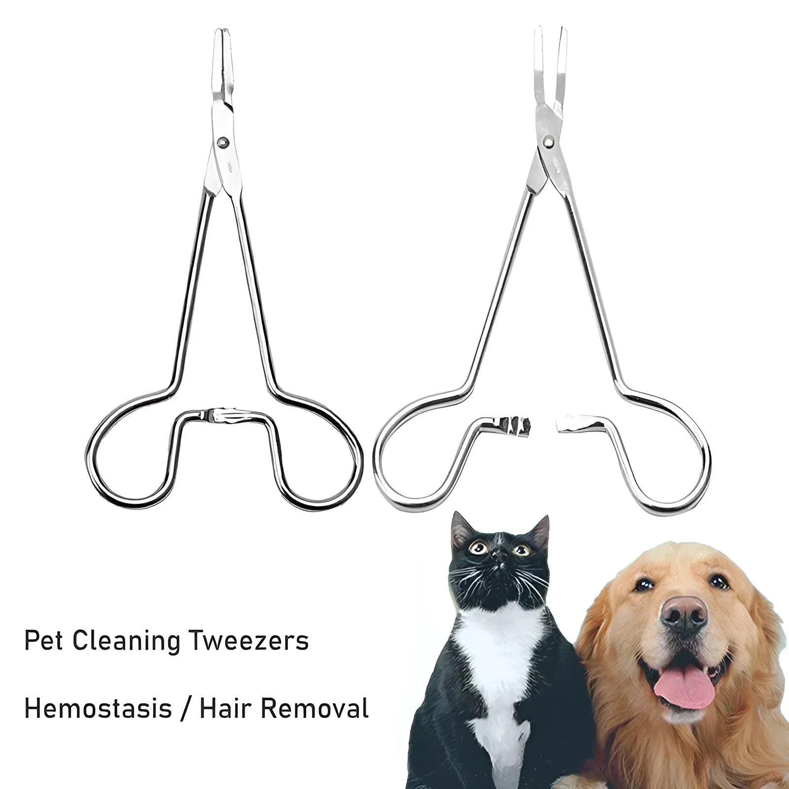 Silver stainless steel pet grooming tweezers with curved tip for ear hair removal
