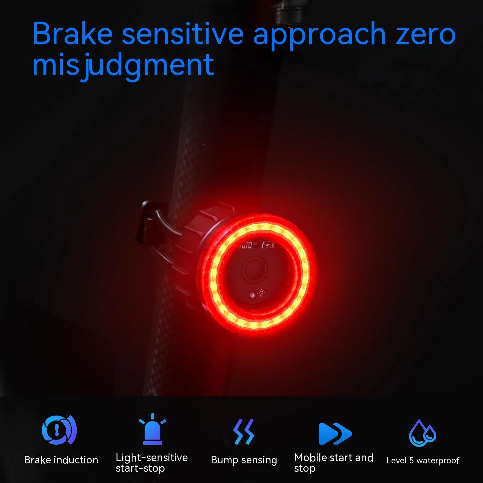Black Intelligent Induction Brake Taillight for bicycles with seat tube bracket.